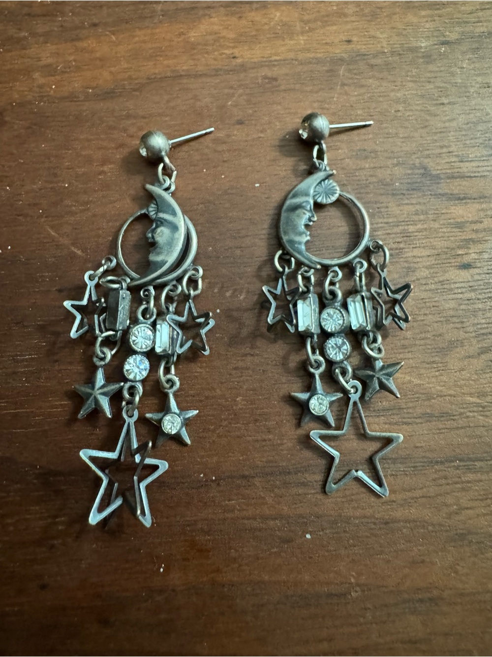 Vintage 925 Celestial Moon Stars Dangle Boho Earrings w/Crystal Rhinestone Accen